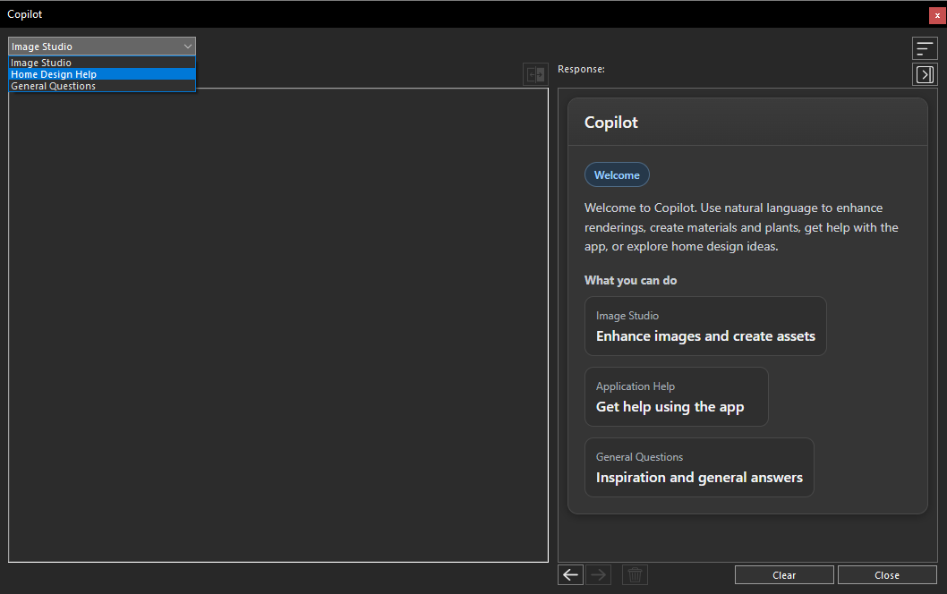 Selecting Home Design Help from the Copilot dropdown menu
