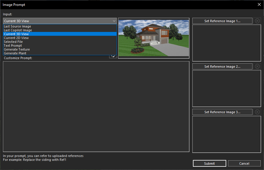 Current 3D View option selected from the Input drop-down menu