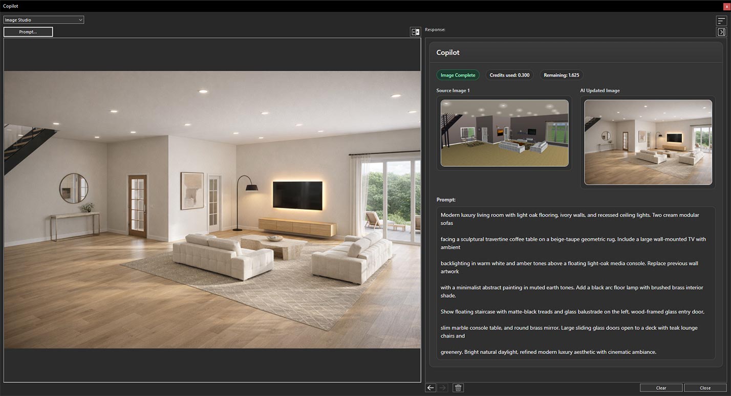 AI-generated living room transformation result
