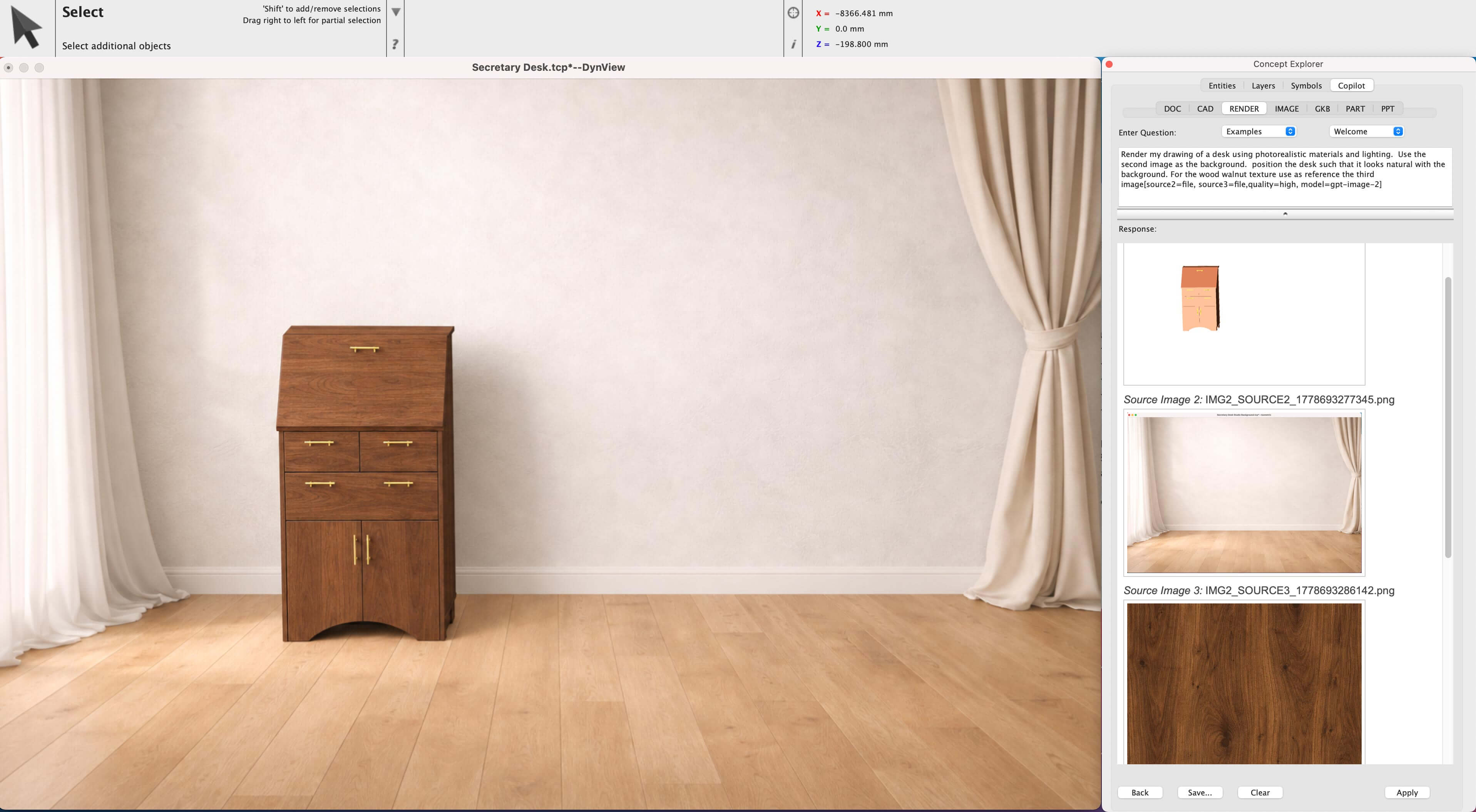 A CAD drawing of a desk with wood-texture and room reference images in the Copilot Render panel
