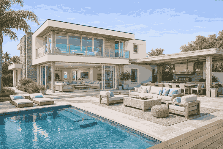 Dasselbe Haus, von Copilot gerendert im Stil: Küsten- / Strandhaus