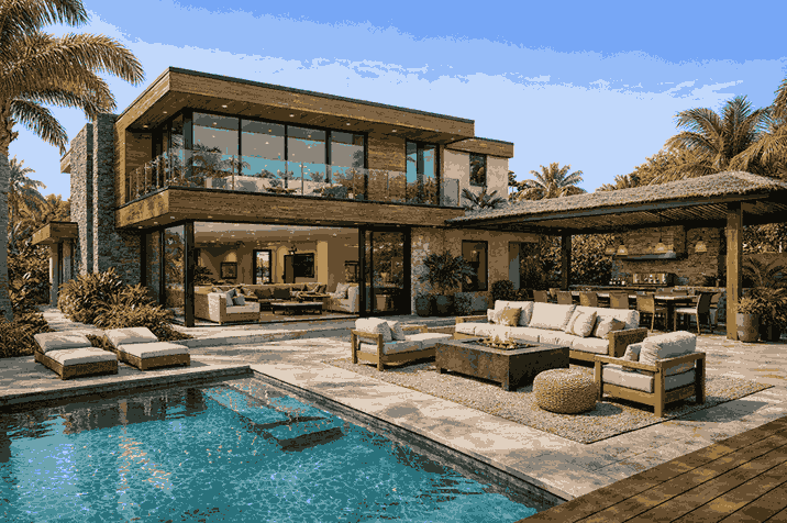 Dasselbe Haus, von Copilot gerendert im Stil: Tropisches Resort